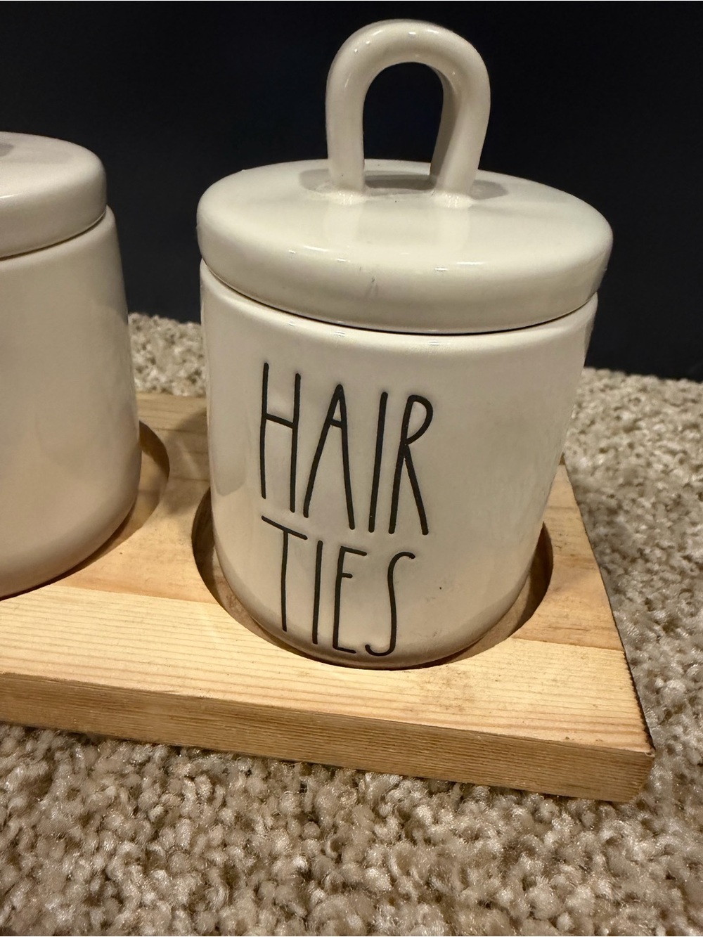 Rae Dunn White Ceramic 'Bobby Pins' & 'Hair Ties' Storage Jars with Bamboo Tray - Picture 3 of 5